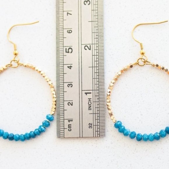 Blue Apatite Sparkly Gold Hoop Earring Fun dangle party earring vacation jewelry - Picture 4 of 8